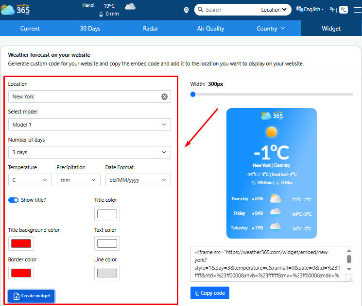 Weather365 offers an easily customizable weather widget