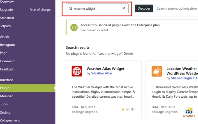 Search for the weather plugin in the search bar