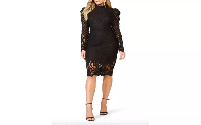  A black mini with a high neck, long puff sleeves & mixed lace pattern 