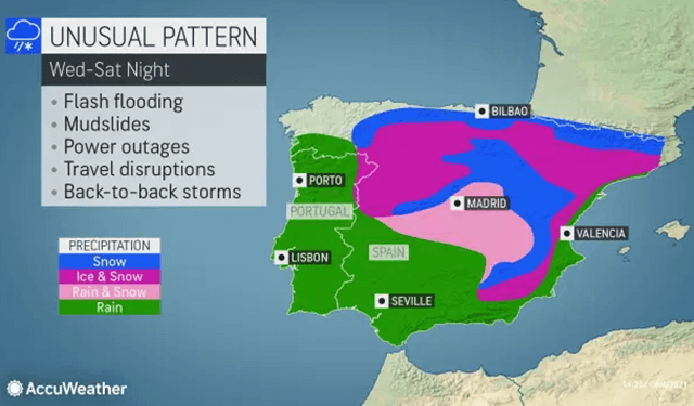 Is there rain, snow, and ice on the Iberian Peninsula?