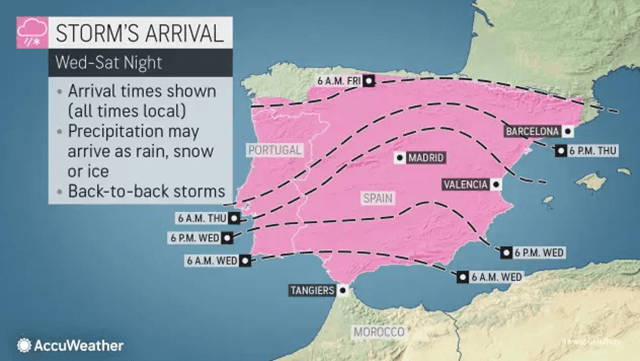 Is there rain, snow, and ice on the Iberian Peninsula?