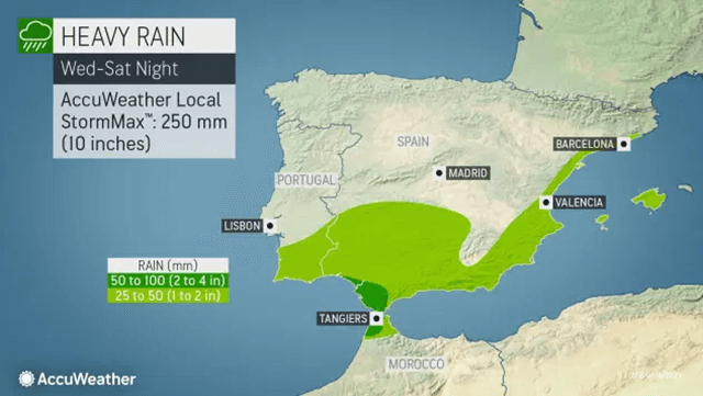 Is there rain, snow, and ice on the Iberian Peninsula?